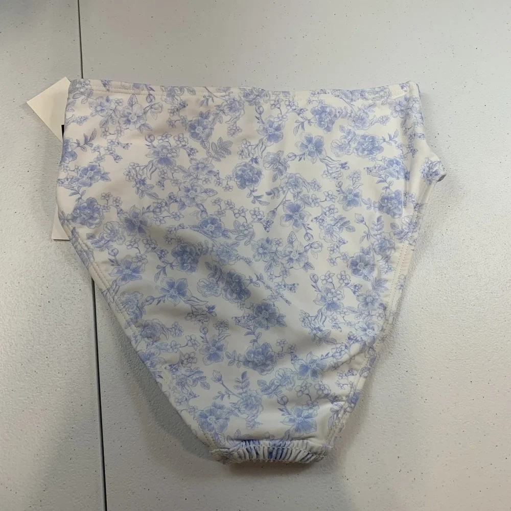 Salt & Cove Junior's Swim Bikini Bottom M Toile Blue Floral Smocked High Waist